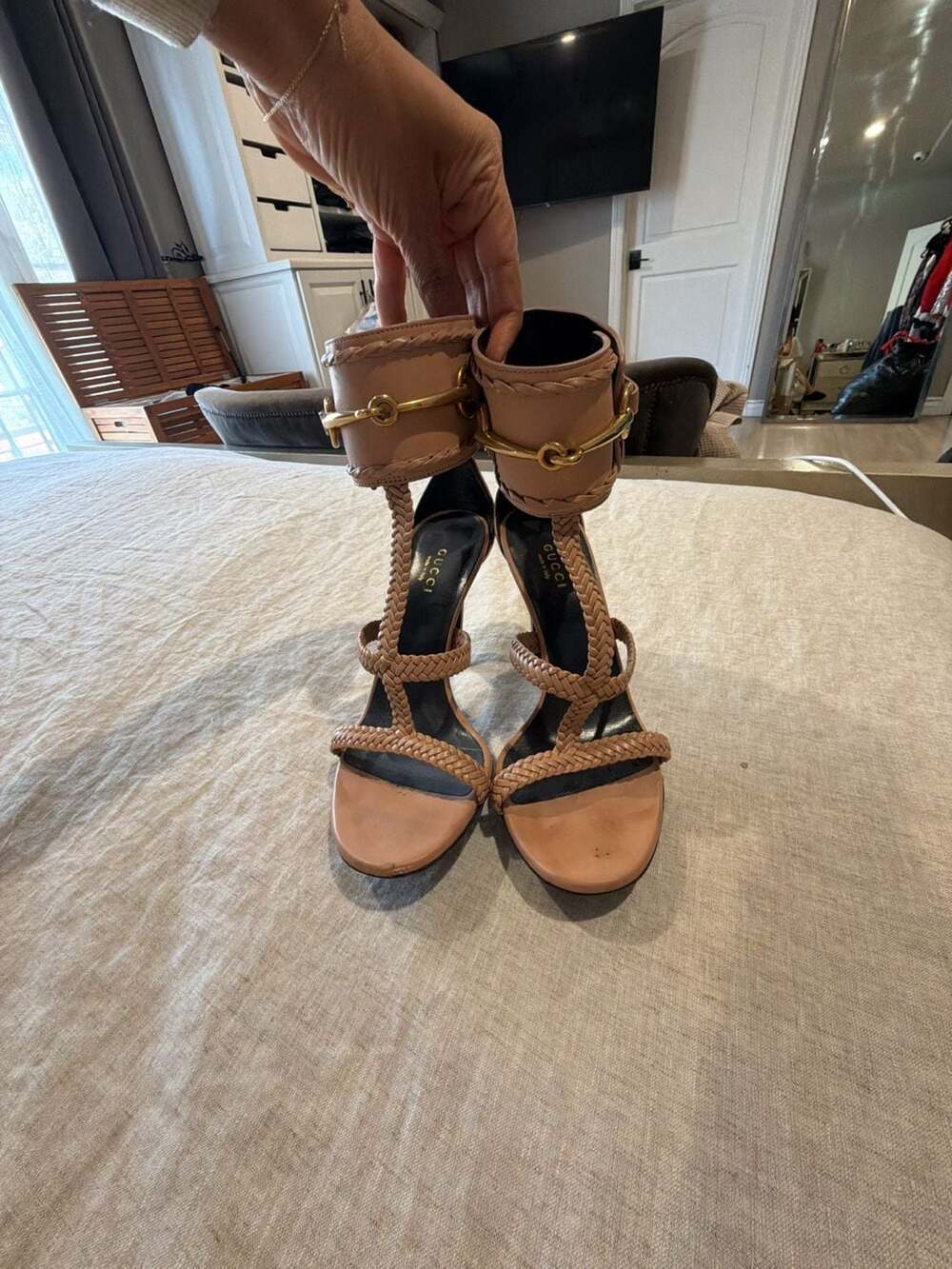 Gucci Leather Horsebit Gladiator High Heel Sandals Beige